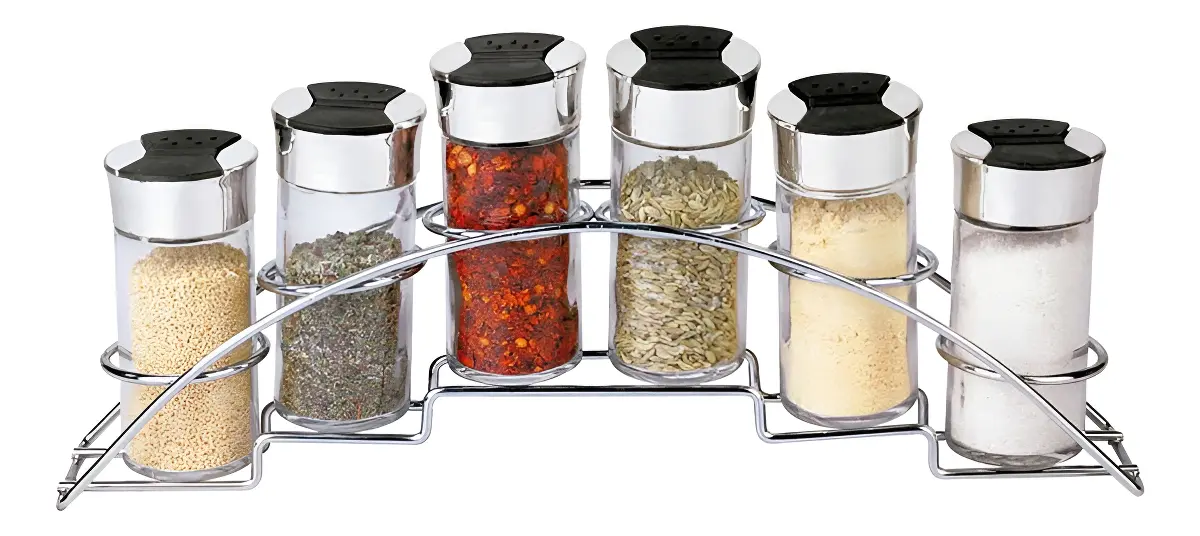 Set de 6 Especieros Organizador de Vidrio con Tapa Dispensadora y Rack Metálico Cromado, Base en Arco para Cocina – 100 ml c/u