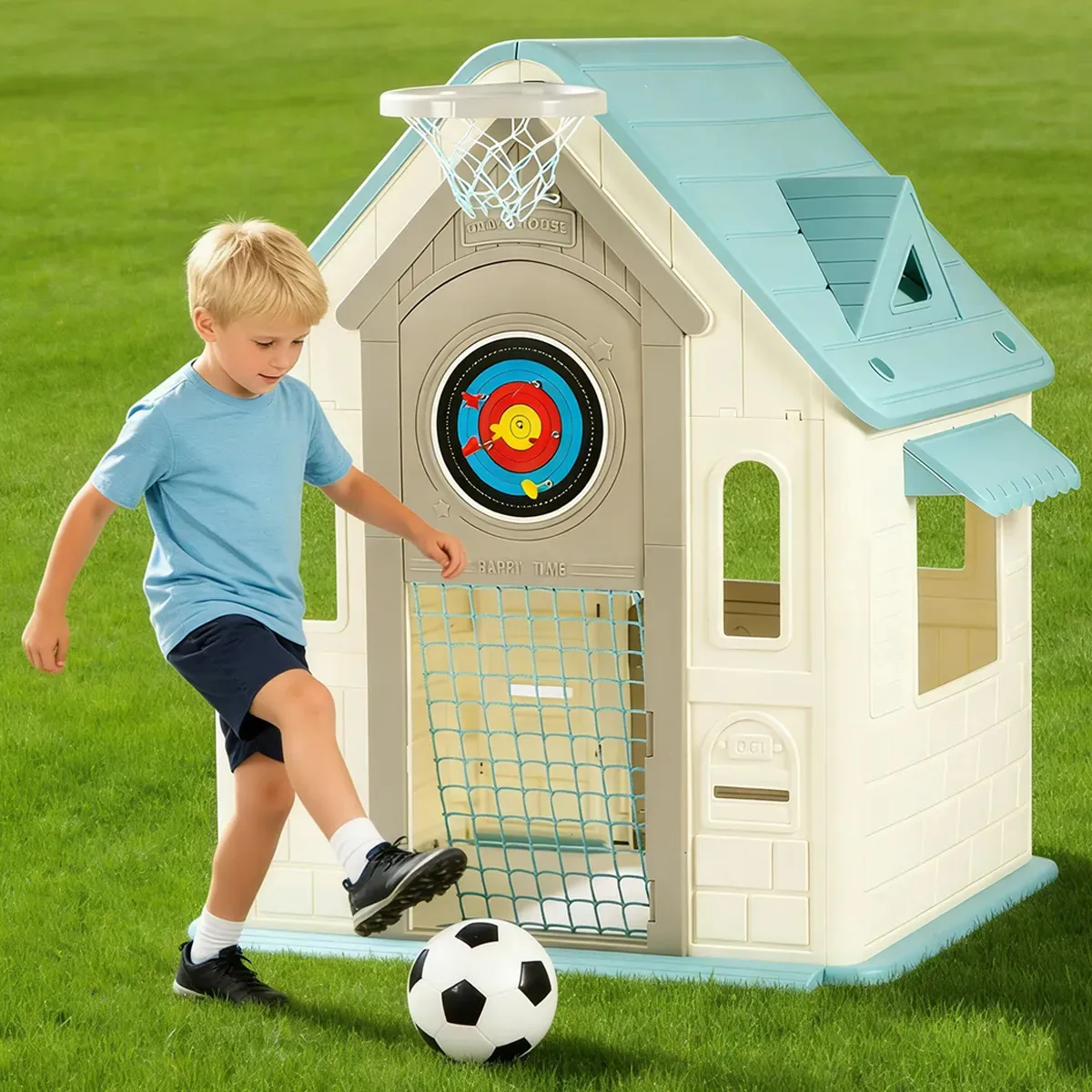 Casa De Infantil Niños Juego 5 En 1 Para Interiores Y Exteriores,casita 125*108*103cm,con 1*red De Baloncesto+1*bomba De Aire+3*dardos+1*tablero De Dardos+3*círculo Para Varios Niños