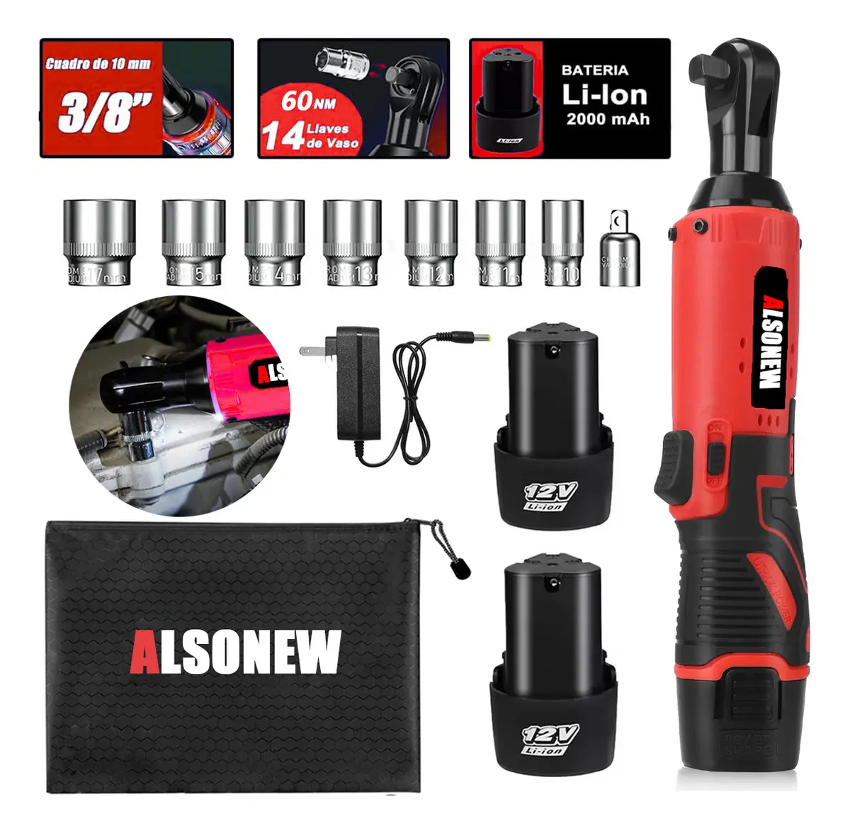 Alsonew Llave Inglesa Eléctrica Con Trinquete Juego De Destornilladores Inalámbricos De 3/8 Pulgadas, Incluye 2 Baterías, Rojo