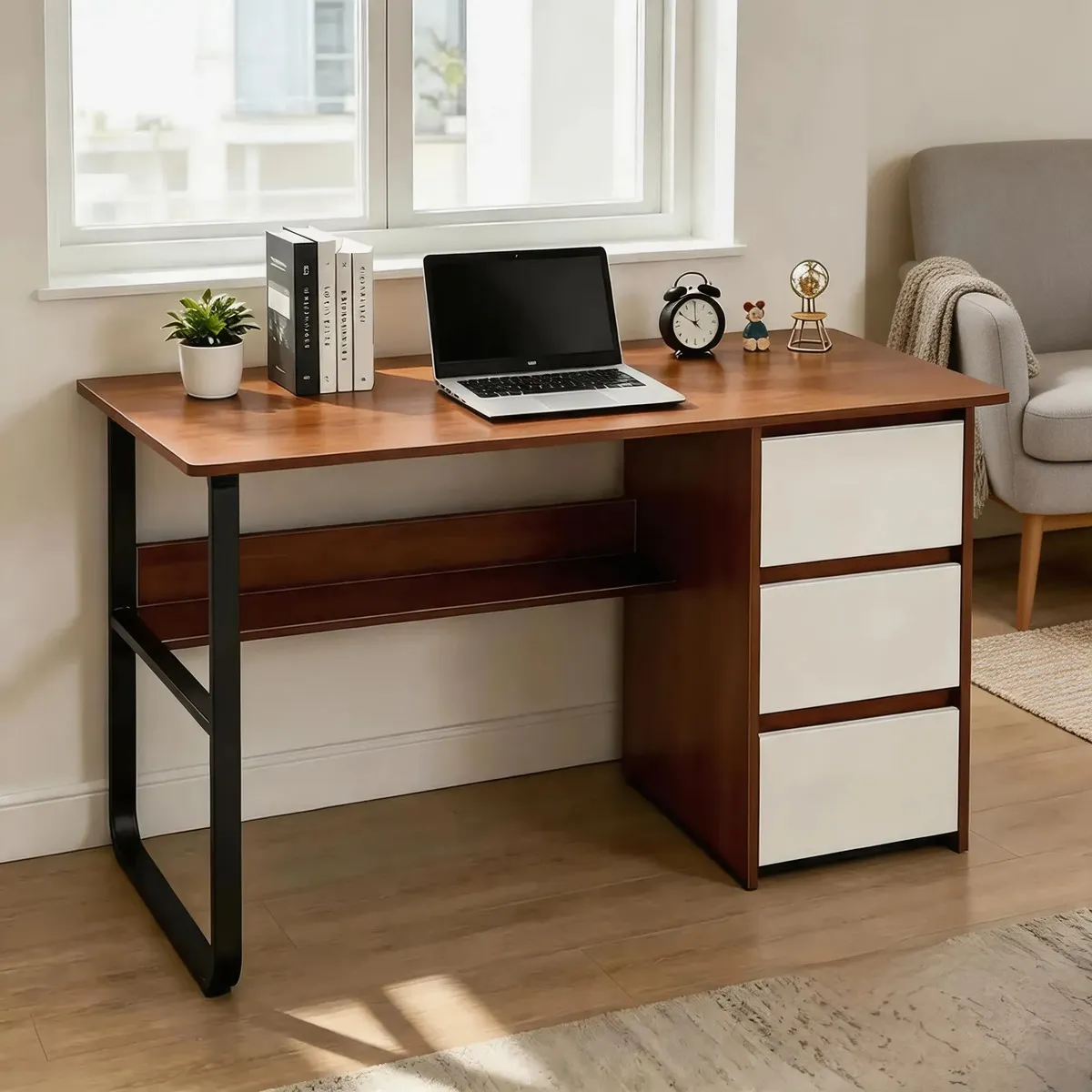 Escritorio Para Computadora Heaimo 112x48x73 Cm Con 3 Cajones Para Home Office Estudio Y Oficina Mesa De Trabajo Moderna Con Almacenamiento