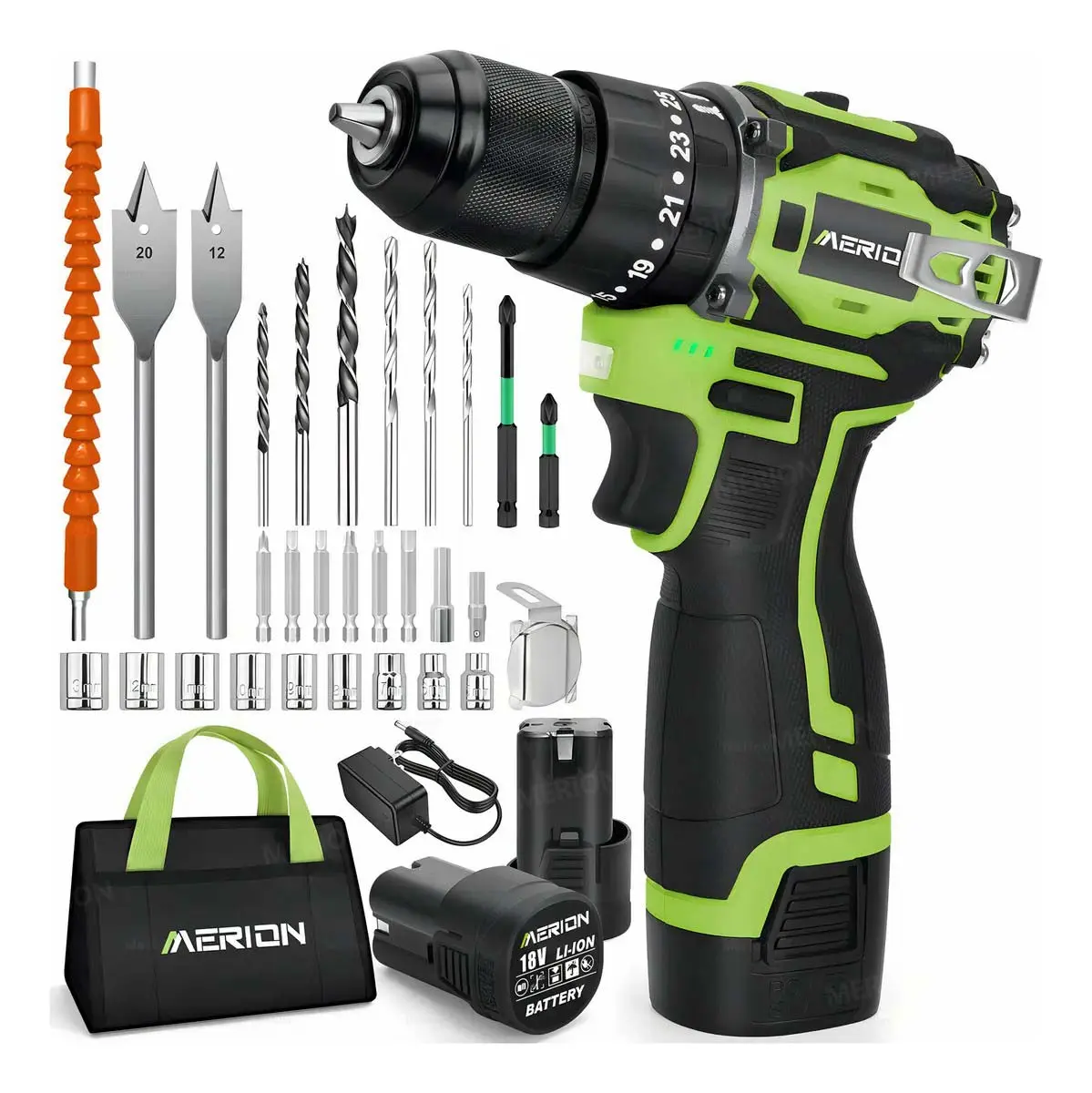 Kit Taladro Atornillador Inalámbrico Impacto sin Escobillas Color Verde MERSD16 Merion