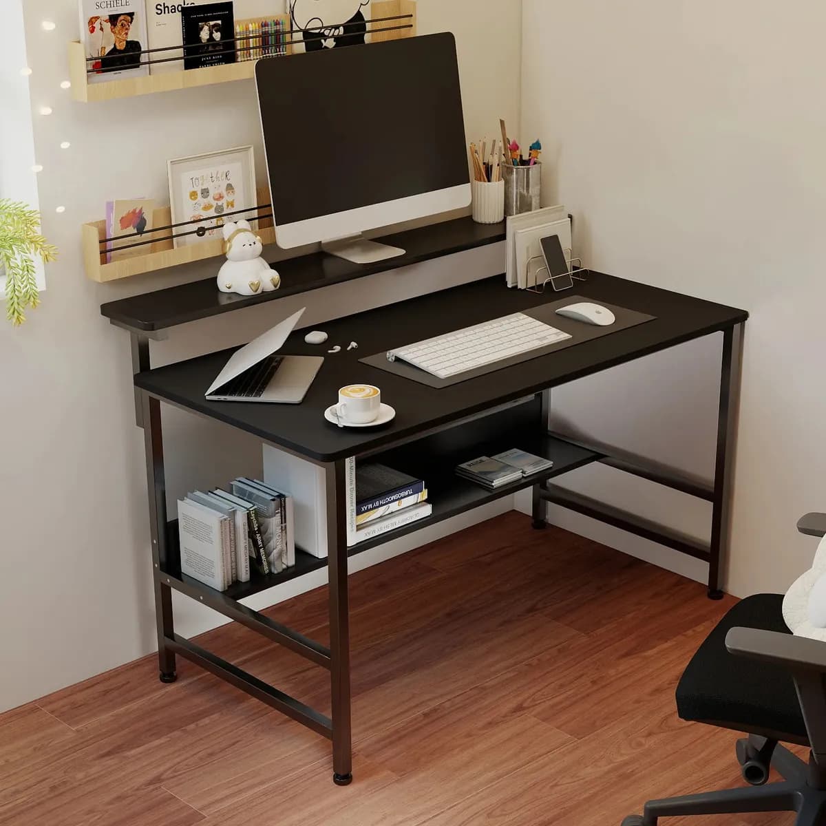 Escritorio Para Home Office Ejecutivo Estudiantil Clasico Escritorio Minimalista Capa de soporte del Pantalla de computadora Metal Oficina Estacion Trabajo Almacenamiento debajo del escritorio- Negro