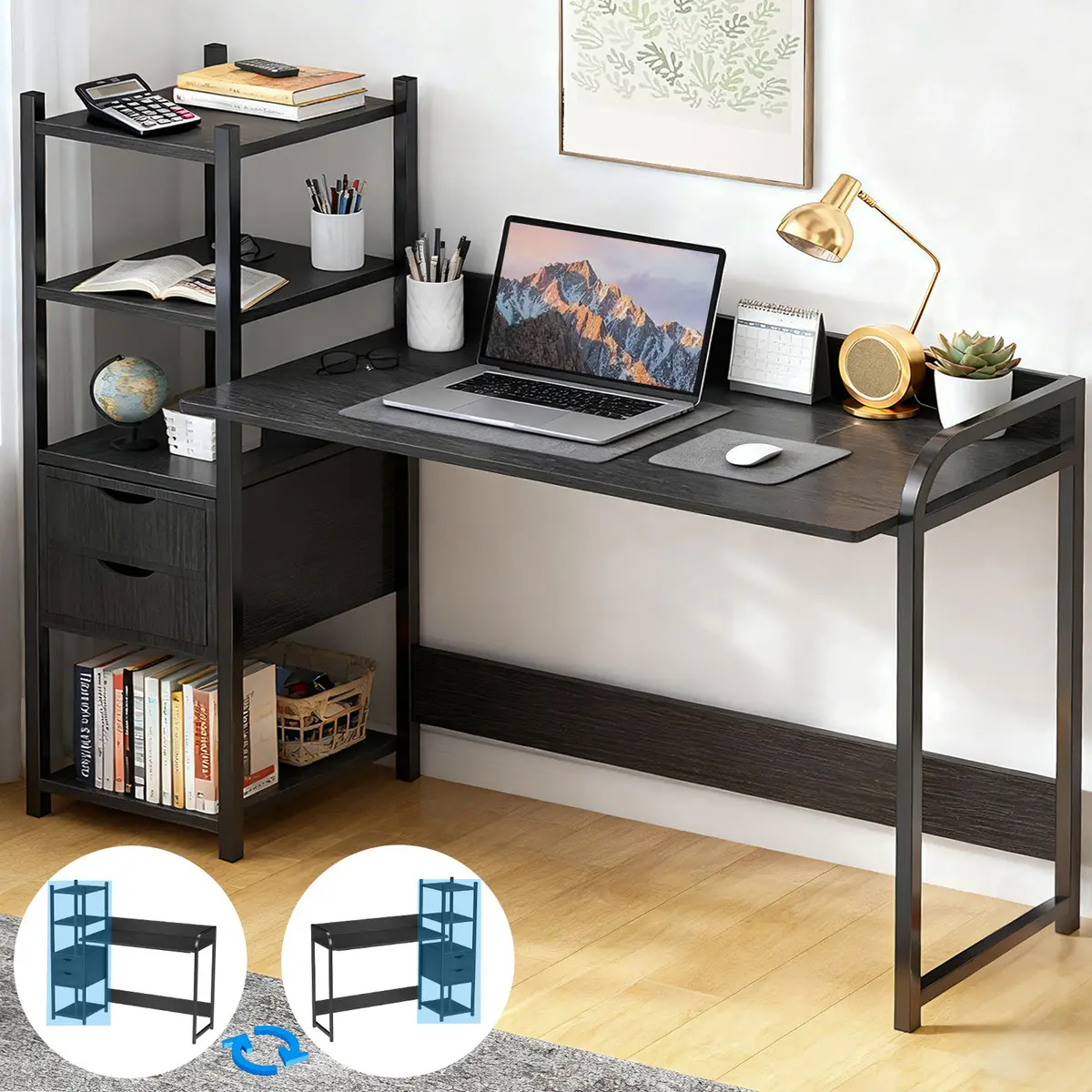 Furrific 120cm*40cm*110cm negro Escritorio de Computadora, Oficina con 2 Cajones y 4 Niveles de Repisas,Escritorio Minimalista y Modernos,Mesa para Computadora,Adecuado para el Hogar y la Oficina