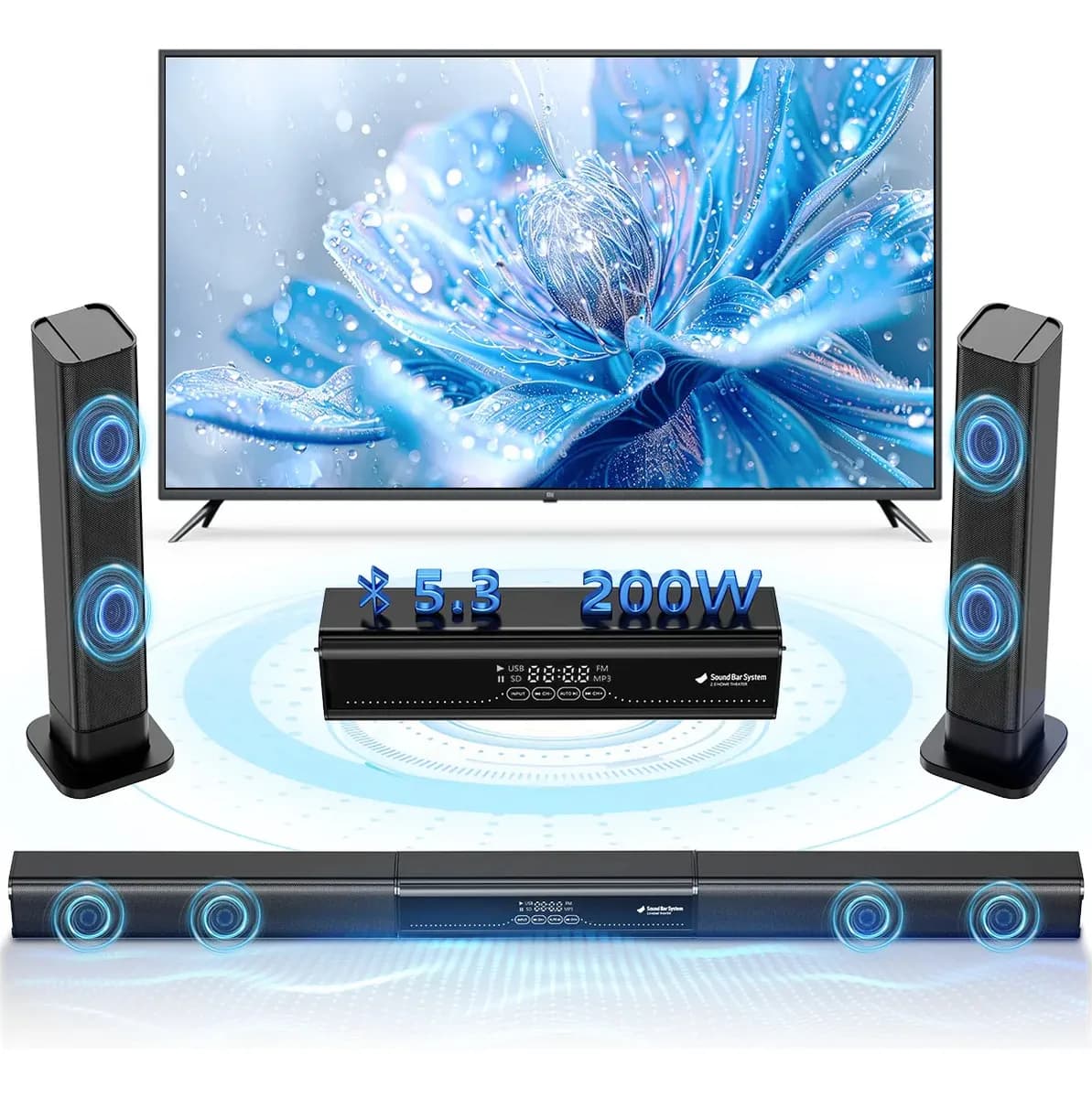 Barra de Sonido Con 200W Barras 2.0 Canales Teatro en Casa Beaowink Desmontable en Tres Partes Tecnología DSP Conector HDMI-ARC/AUX/USB/Coaxial/Optical Home Theater Con Bluetooth 5.3 y Control Remoto