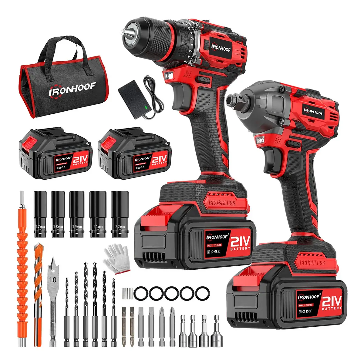 Kit De Taladro Inalambrico Y Pistola Llave De Impacto Electrica Sin Escobillas Color Rojo Ironhoof XMMXF194RB