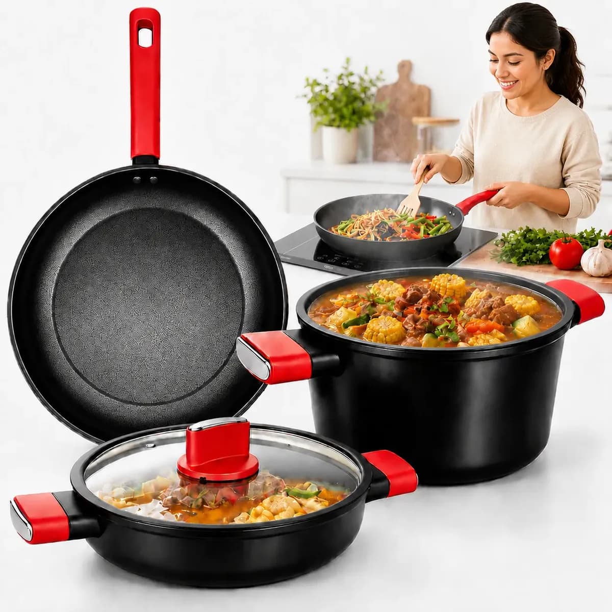 Batería De Cocina Latatl, Premium Set de Ollas Antiadherentes de Granito Calidad Profesional, con Recubrimiento de Máxima CalidadCompatible Con Inducción, Gas, Vitrocerámica Y Estufa Eléctrica