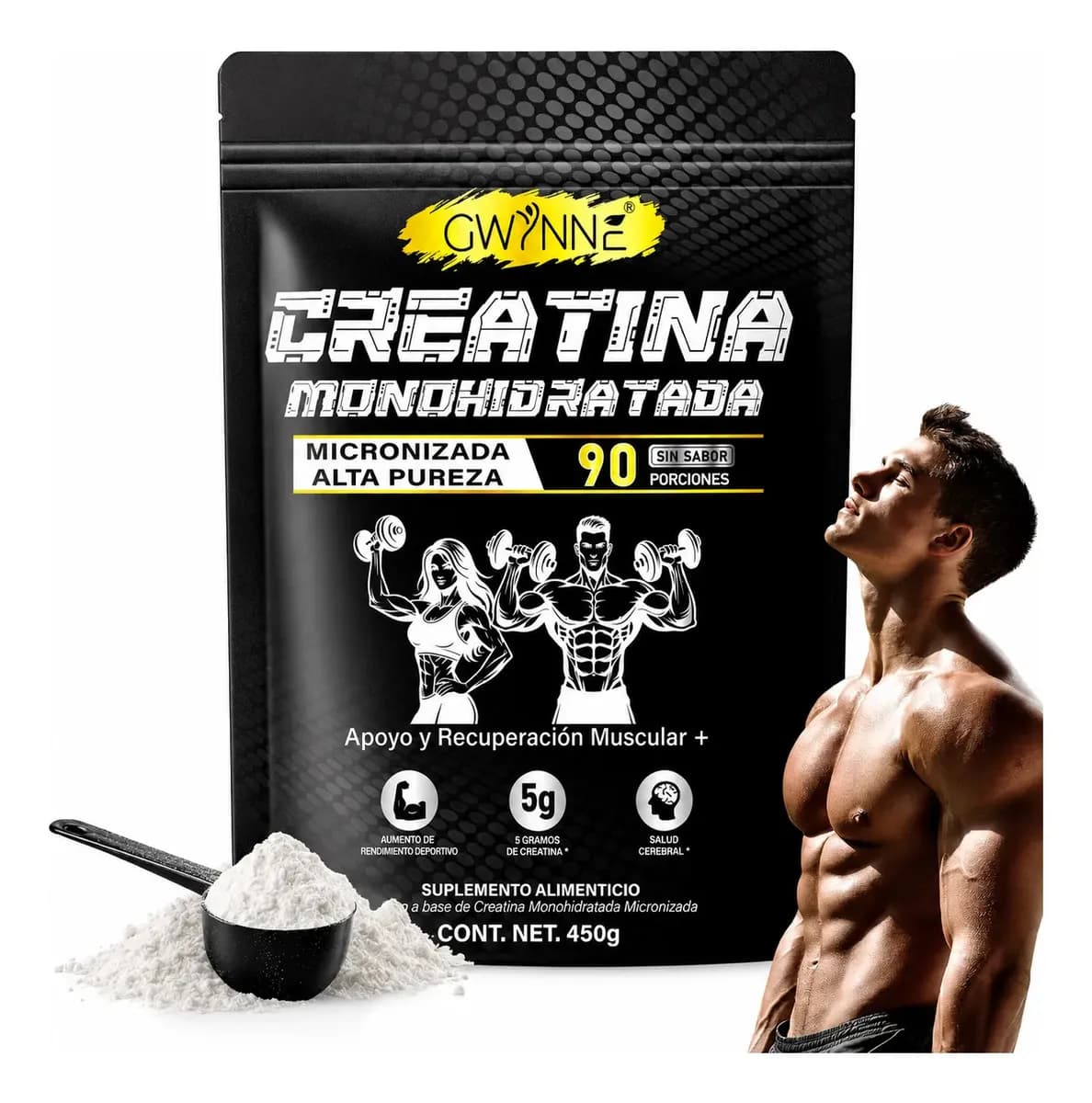 GWYNNE Creatina Monohidratada Micronizada en Polvo,Disuelve rapido,Con Scoop Dosificador,Creatine Monohydrate Pre Entreno Creatina Mujer/Hombre Gym,PreWorkout - 100% Alta Pureza Certificada 450g