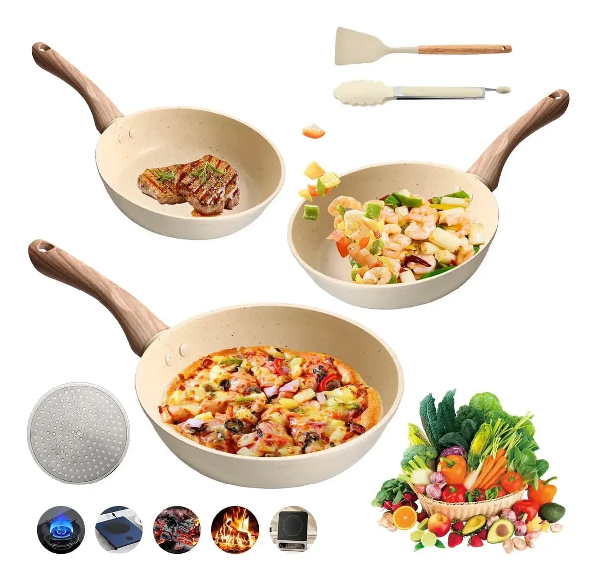 HGODYHOME Juego De 5 Piezas Sarten Antiadherente Revestimiento Mármol ,incluye Sartenes 20/24/28 Cm Con 2 Accesorios De Cocina, Material Del Fondo Sartén Compuesta Para Gas,inducción Y Horno Beige