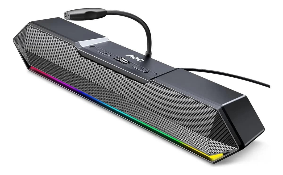 AOC ACS4650 Bocinas para PC, Micrófono Ajustable, Barra de Sonido con Cable USB, Altavoces estéreo con Luces LED, Compatible con Ordenadores, teléfonos móviles, Reproductores MP3 y PSP
