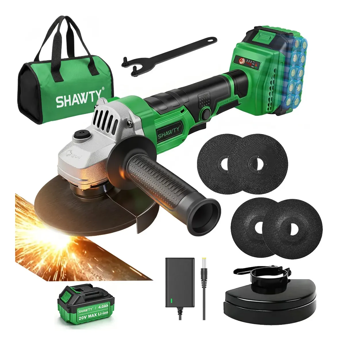Esmeriladora Angular Inalámbrica SHAWTY, 4-1/2 Esmeriladora Pulidora 1*Baterías de 4Ah, 700W 7000RPM, Con Bolsas portátiles, Para Lijar, Cortar y Otros Proyectos