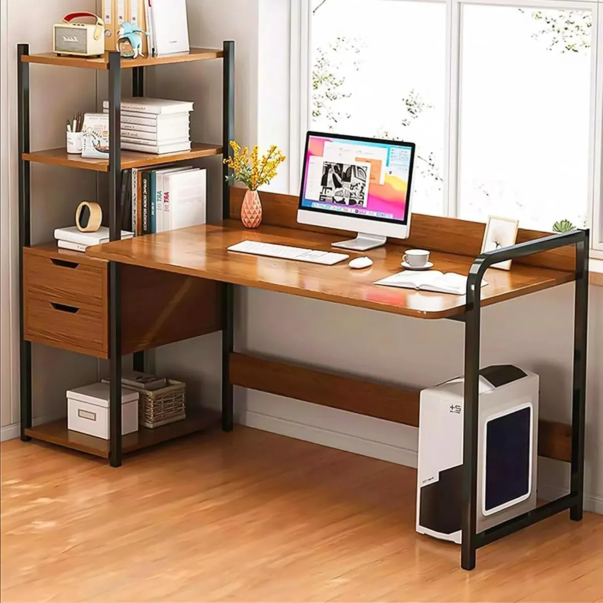 Escritorio Minimalista Heaimo 118x40x110 Cm Con 2 Cajones Y Repisas Para Computadora Oficina Estudio Home Office
