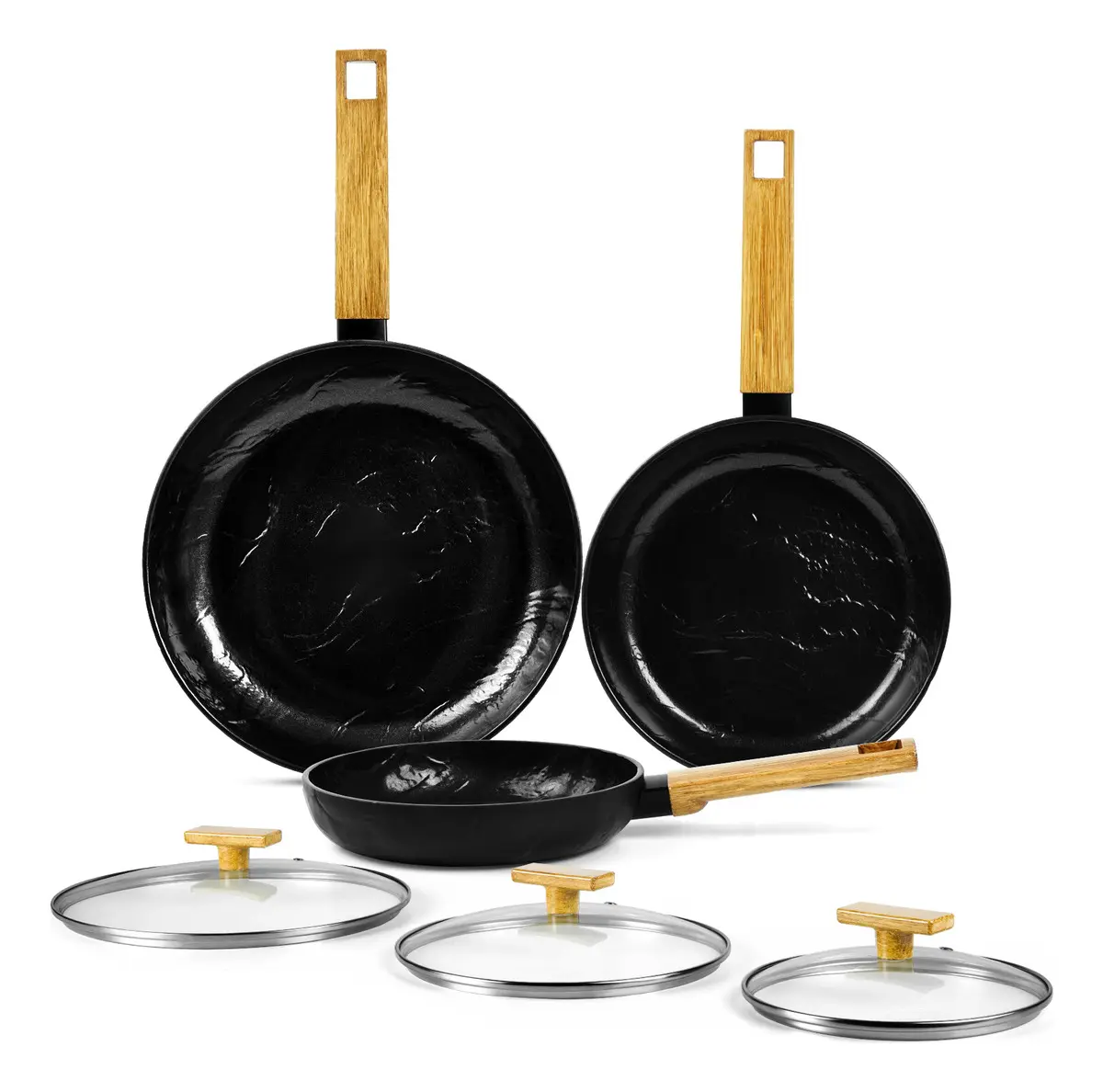 Set de Sartenes Innerwell de Aluminio Antiadherente Negro, 6 Piezas con Tapa