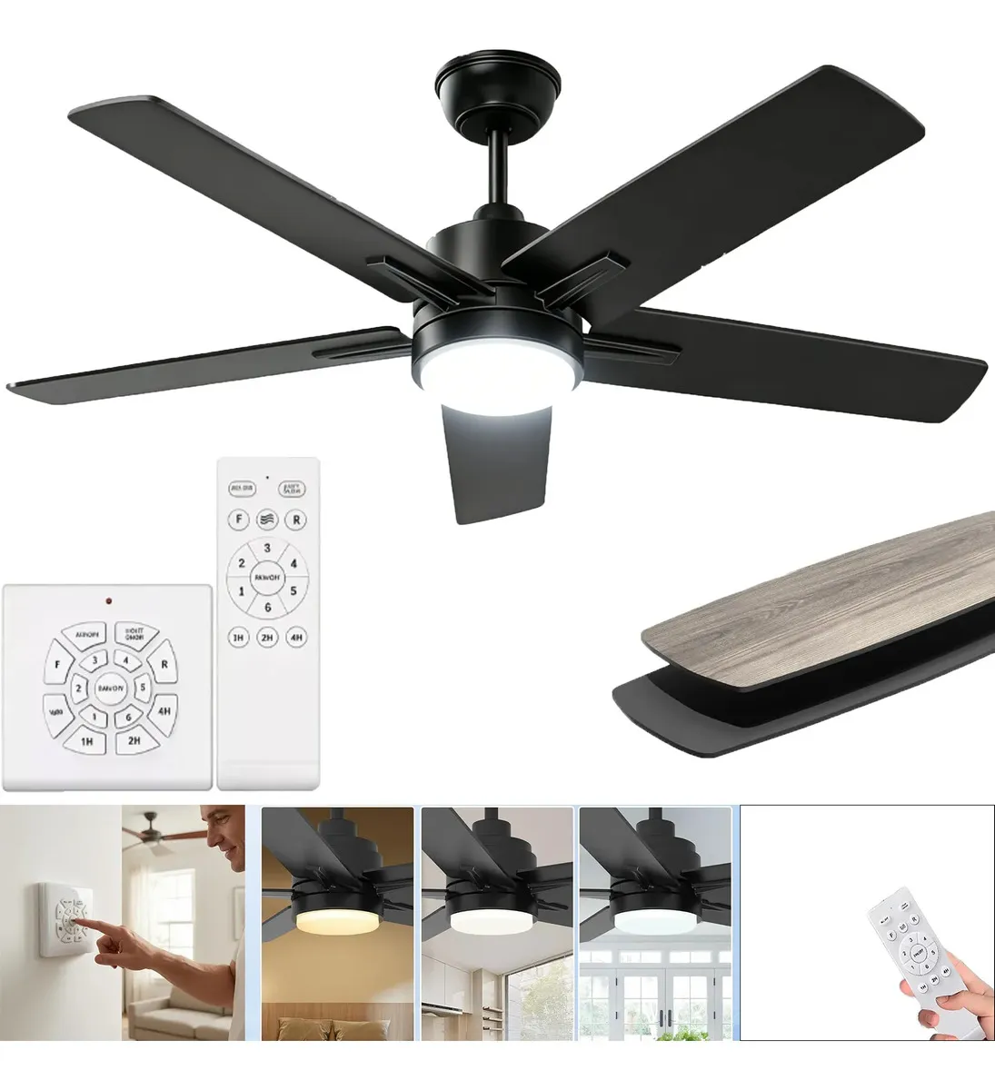 Ventilador de Techo VIVANIDO de 42 Pulgadas con Luz LED, Control Remoto y 5 Aspas Reversibles para Interior o Exterior