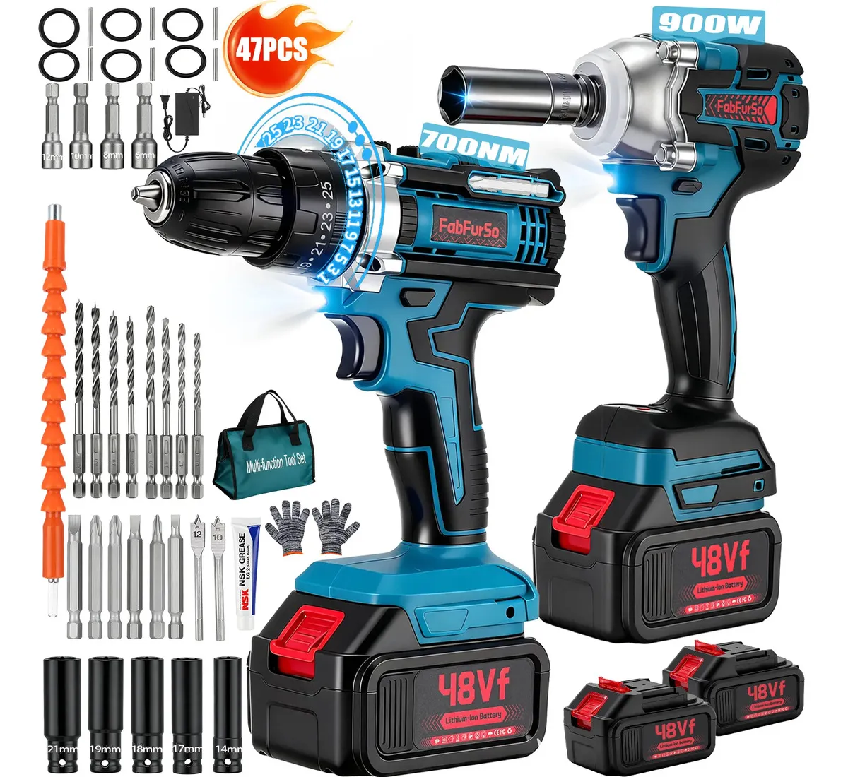 Taladro Inalambrico Y Llave De Impacto Electrica Sin Escobillas,Taladro rotomartillo,48V 2×8000mAH Baterías Y Luz Led 47 Pcs Pistola De Impacto Kit Destornilladores,Juego Herramientas Profesional