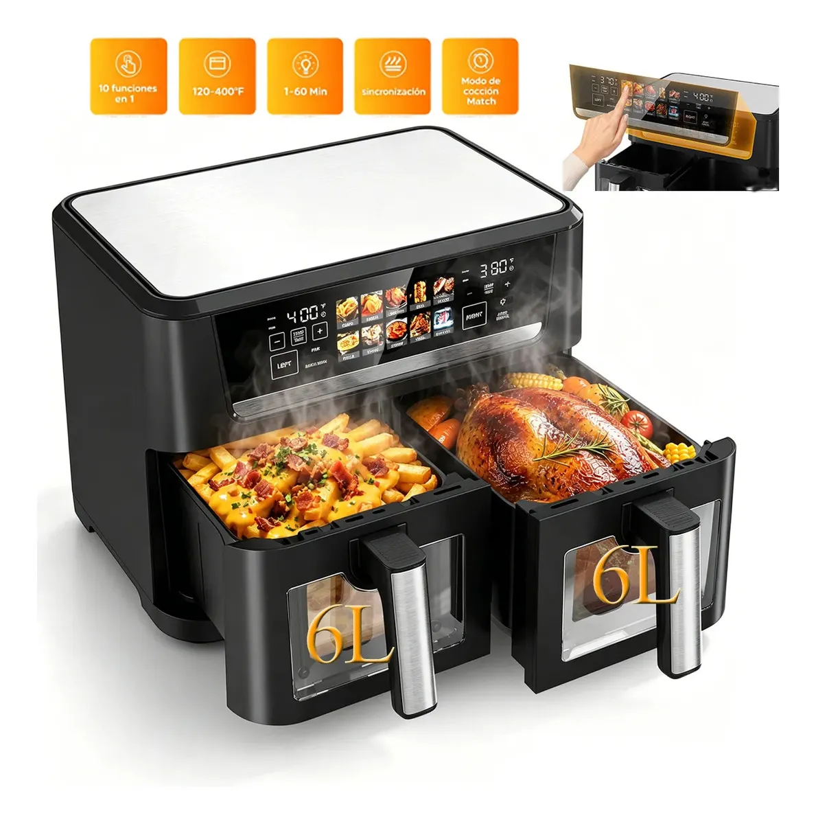 Freidora De Aire de 12L, Digital Multifuncional, doble canasta, 1700 W, tostador 14 en 1, dos zonas independientes, cocina 2 alimentos a la vez, sin aceite, para familia grande