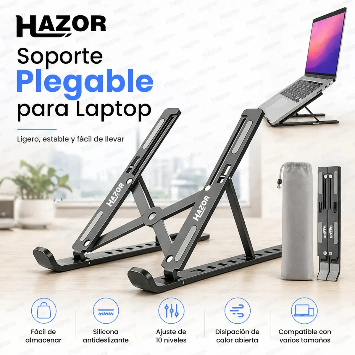 Hazor Base Soporte Laptop Y Tableta Portatil 10 Marchas Ajustable Admite De 8 A 20 Pulgadas Ventilación Y Disipación Del Calor Posee Una Excelente Estabilidad Color Negro