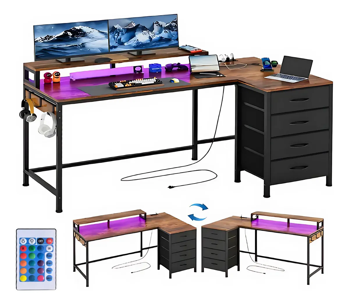 Escritorio Gamer Heaimo En L Reversible Con 4 Cajones Luces Led Y Enchufe Para Computadora Home Office Y Oficina