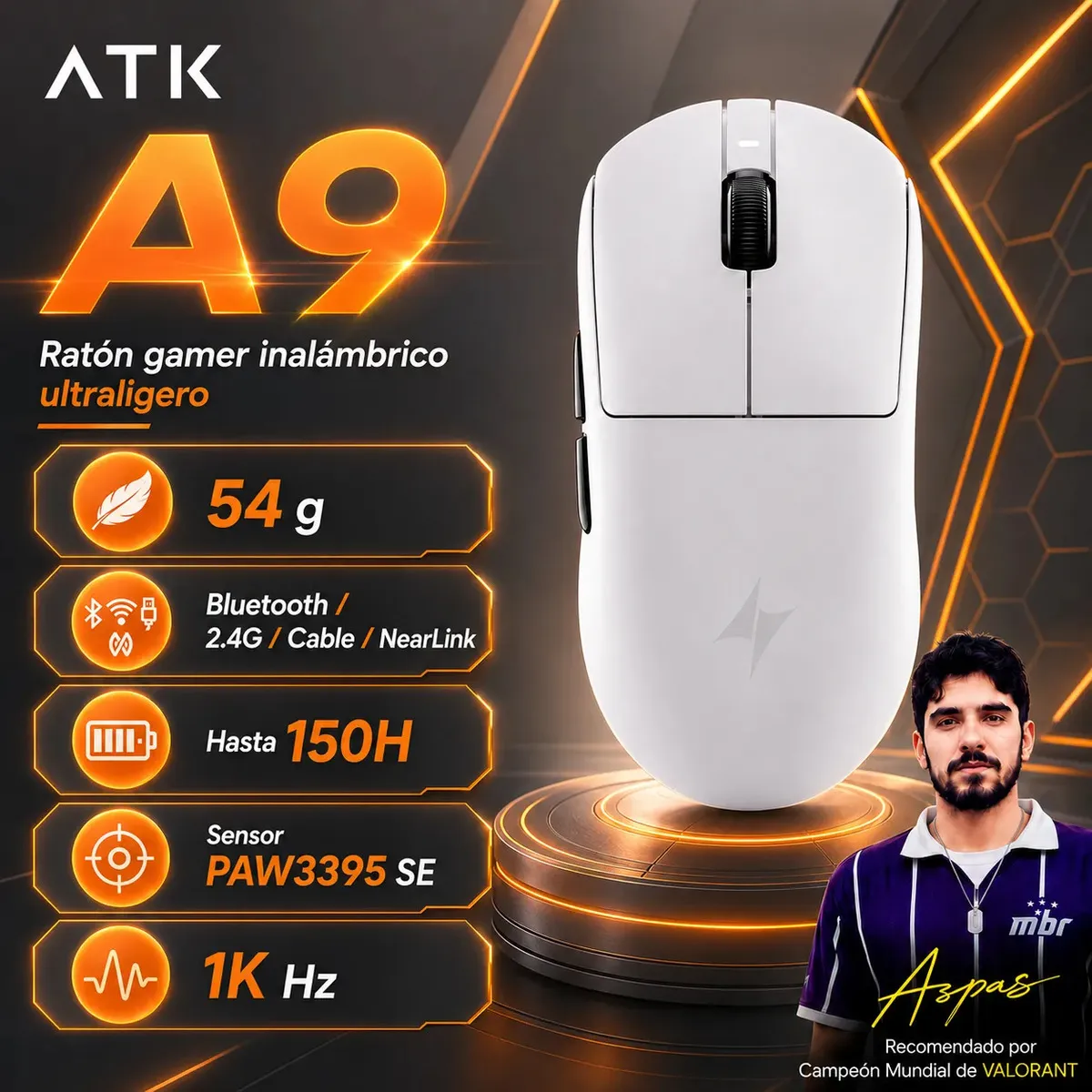 ATK A9 Mouse Gamer Inalámbrico Recargable, Raton Inalambrico, Mouse Inalámbrico Sensor PAW3395 SE, Ergonómico Ultraligero 54g, Bluetooth/2.4G/Cable/NearLink, Hasta 150 Horas,1K Hz, 18000 DPI Para FPS