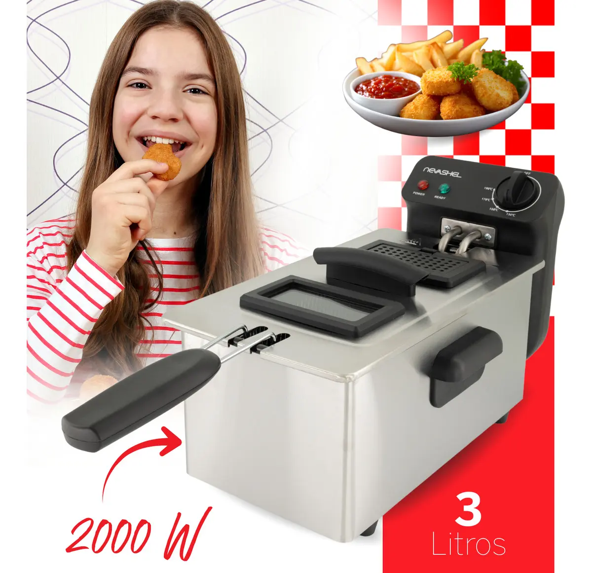 Freidora Electrica De Aceite Capacidad De 3 Litro Nevashel Kitchen AD-21 De Acero Inoxidable Multifuncional Rapida Potente Regulador De Temperetura Ideal Freidora De Aceite Para Papas Fritas Nuggets