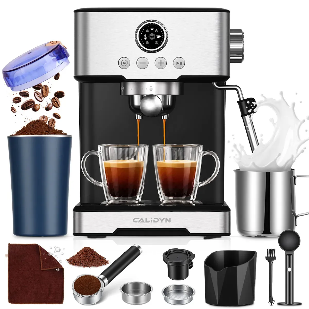 Cafetera Espresso Semiautomática Calidyn con Molinillo, 20 Bares y Vaporizador para Cappuccino