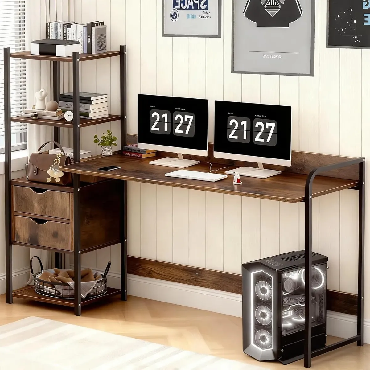 Escritorio Heaimo Con Repisas Y 2 Cajones 118x40x110 Cm Para Computadora Oficina Estudio Home Office Mesa Multifuncional Con Almacenamiento