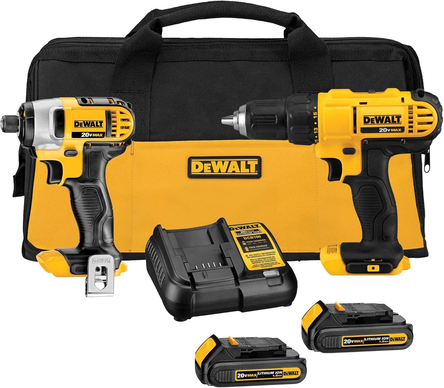DEWALT Taladro Atornillador y Llave de Impacto, 20V Máx, Incluye 2 Baterías, Cargador y Bolsa para Herramientas, DCK240C2