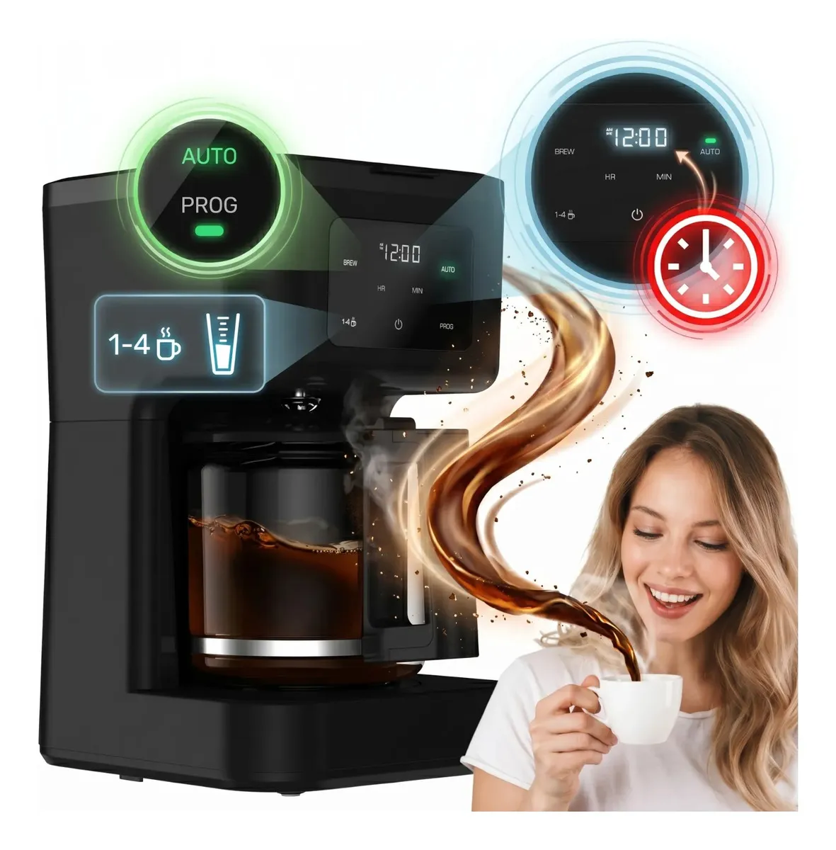 Cafetera De Goteo Programable Nevashel Kitchen Ad-19 De 12 Tazas, 900w Con Filtro Permanente Reutilizable Pantalla Digital Temporizador 24h Y Apagado Automático Calentamiento Rapido Hogar Y Oficina