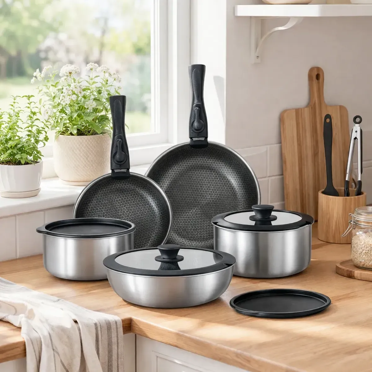 17 Pzs Batería De Cocina 18/10 Acero Inox Mango Desmontable Sartenes