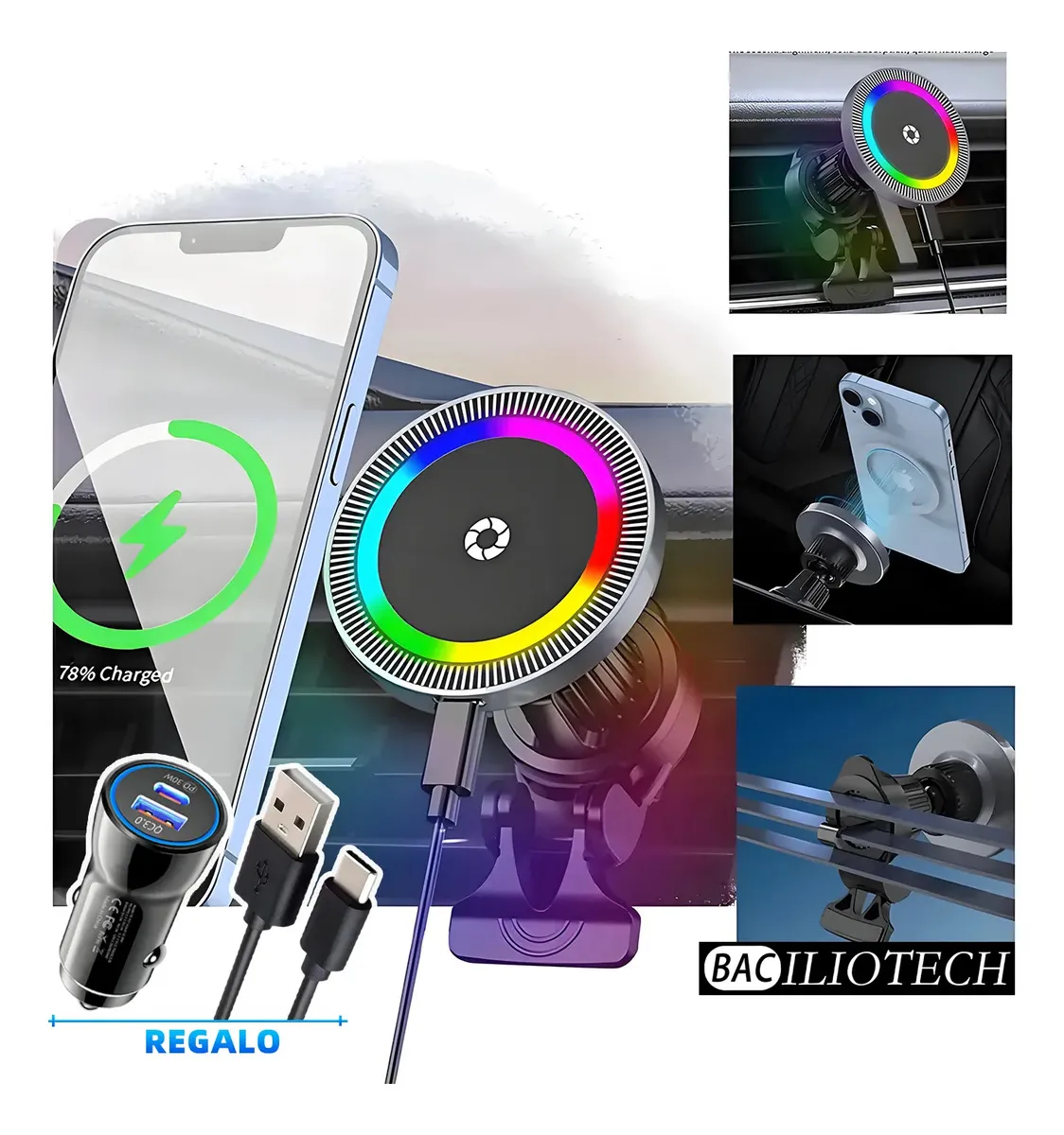 Soporte Magnético Carro Baciliotech para iPhone 13-17 serie Magsafe 15W Negro + cargador para vehículos + carga rápida inalámbrica + Cable
